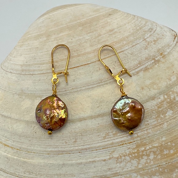 Copper Color Pearl Earrings, Handmad, Genuine Fresh Water Coin Pearl, Gold Plate - Picture 1 of 7